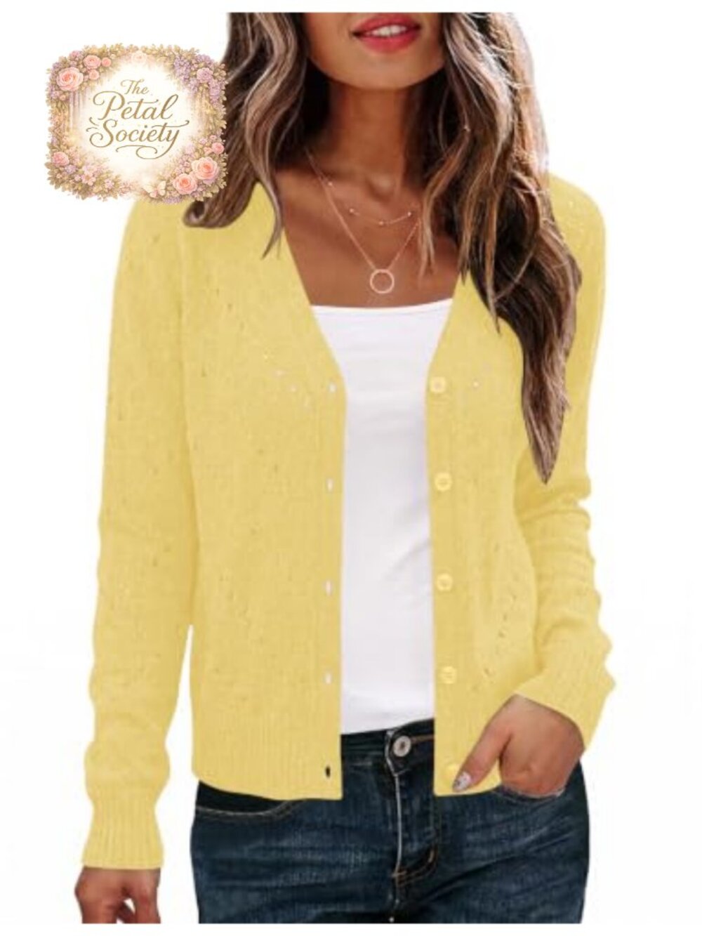 Women's Crochet V-Neck Open Front Cardigan Lightweight Button Sweater